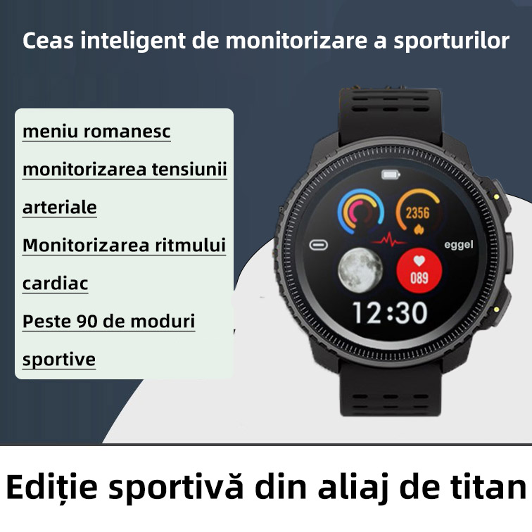 Versiune sport din aliaj de titan (versiunea sport IP68 rezistentă la apă. Diferență de temperatură ±60°C) meniu romanesc Detectarea tensiunii arteriale Monitorizarea ritmului cardiac Peste 90 de moduri sportive