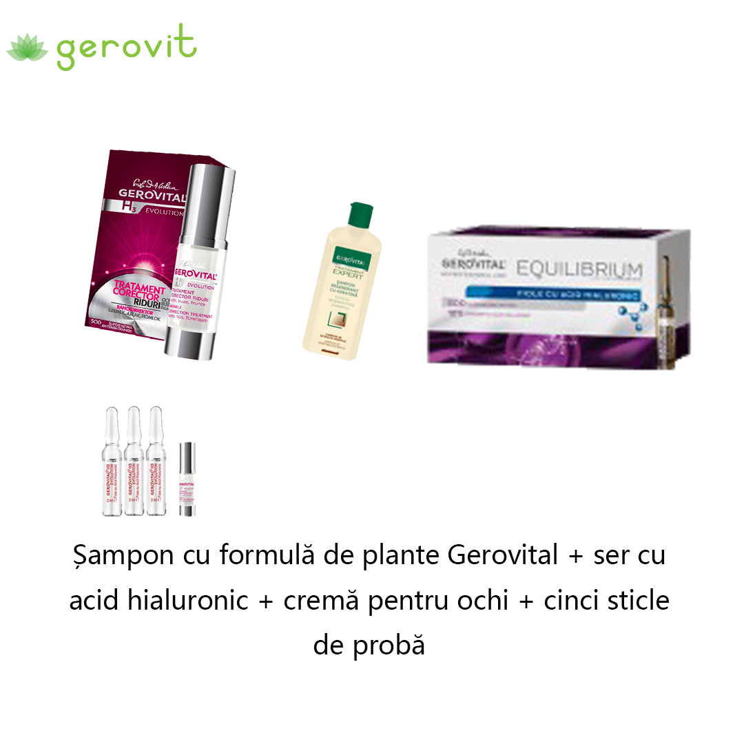 Sampon cu formulä de plante Gerovital + ser cuacid hialuronic + cremǎ pentru ochi + cinci sticlede probǎ